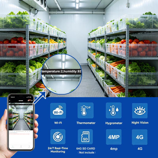 3-in-1 Smart 4MP IP Camera with Real-Time Temperature and Humidity Sensors, Ideal for Cold Storage Facilities, Wine Cellars, Farms, and More