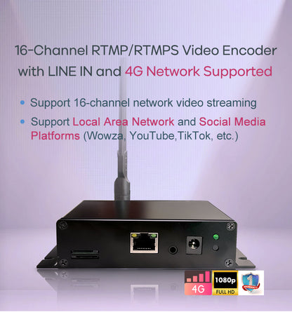 16-Channel 4G LTE Streaming Encoder - Portable RTMP/RTMPS Server, 3.5mm Audio Input, 512GB TF Recording