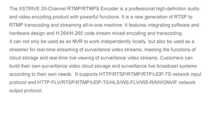 20-Channel Pro RTMP/RTMPS Network Encoder - H.265, 16TB HDD Support, Multi-Protocol Stream Gateway
