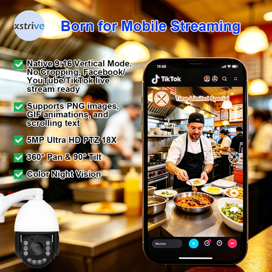 5MP PTZ Live Streaming Camera, 18X Optical Zoom, Native Vertical Mode for Facebook, TikTok & YouTube Live