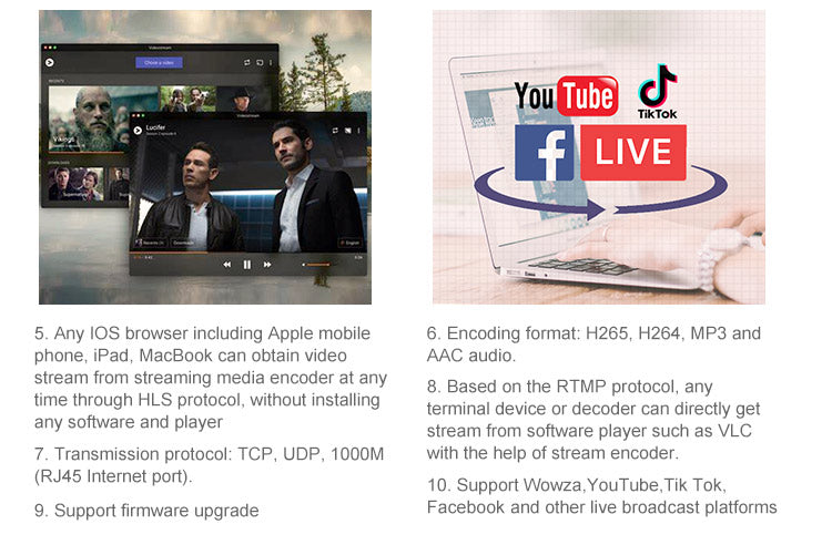Any lOS browser including Apple mobilephone, iPad, MacBook can obtain videostream from streaming media encoder