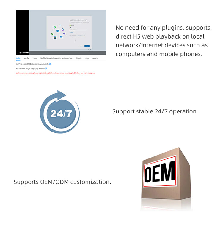 No need for any plugins, supportsdirect H5 web playback on localnetwork/internet devices