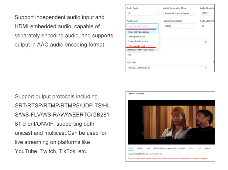 HD Video Streaming Encoder H265 Webrtc/RTMP/SRT/Onvif Network Streaming Facebook Youtube